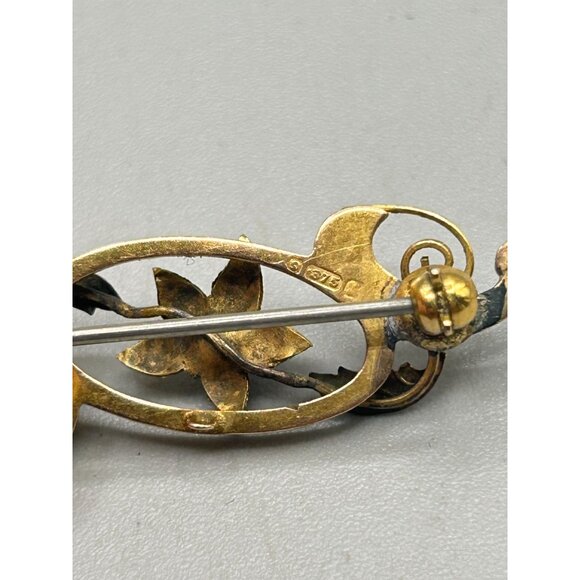 Antique 9kt 375 Gold Floral Brooch with Blue Gemstone Accent Bar Pin - Picture 5 of 9